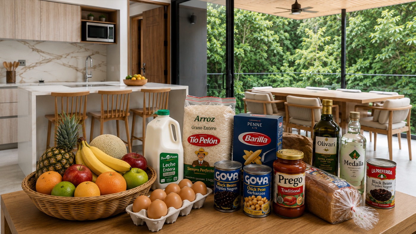 A Costa Rican villa kitchen stocked with fresh groceries — fruit, eggs, rice, pasta, and pantry staples ready for arrival